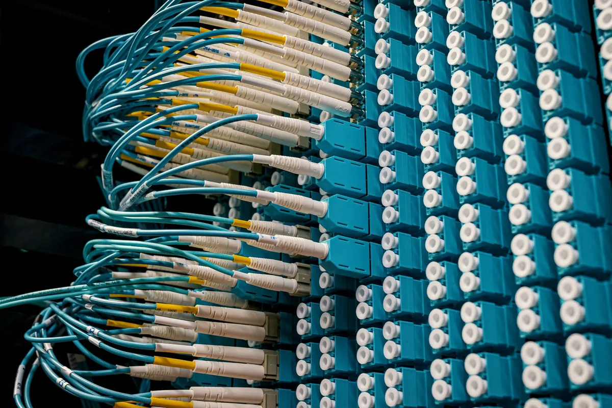 Fibra ottica a Latina: cavo in fibra con connettori e bussole in un cassetto ottico di armadio rack